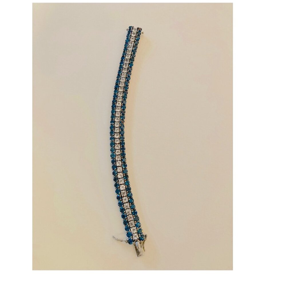 925 Sterling Silver Blue Topaz & CZ 3 Row Tennis Bracelet 7.75” Vintage